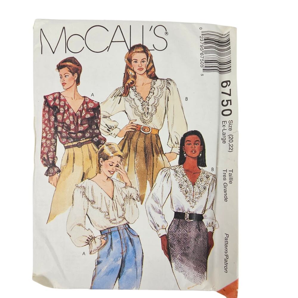 VTG McCalls pattern 6750 1990s poets blouse ren fair boho cottage XL cut